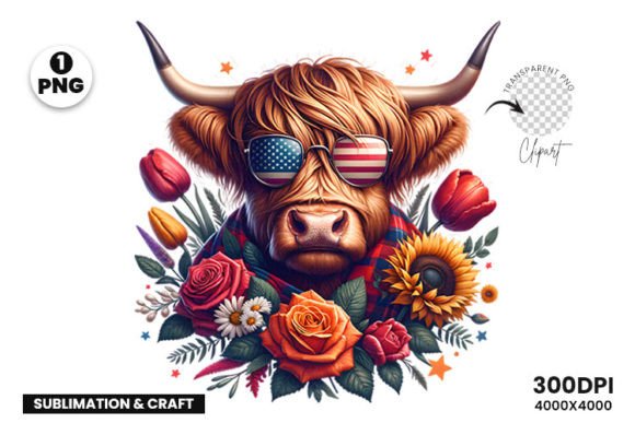 Evaluating 4th July Highland Cow Floral Clipart PNG for Design Projects